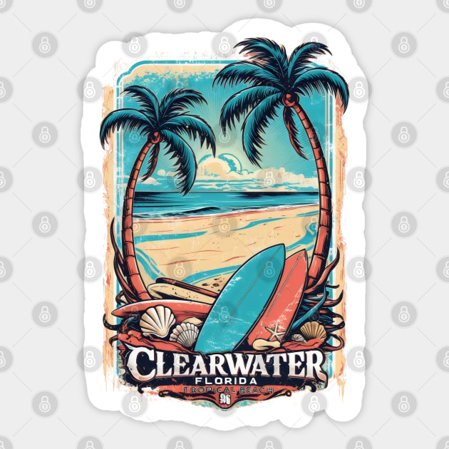 Clearwater Florida Tropical Beach Design – Palm Trees, Surfboards & Coastal Art Sticker by WarFX Designs